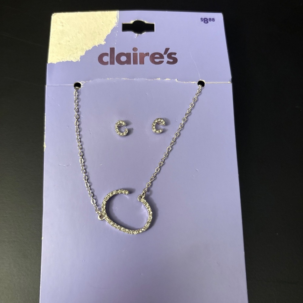 NWT‎ Claires Silver Initial C Necklace & Earrings Set Rhinestone Letter Jewelry